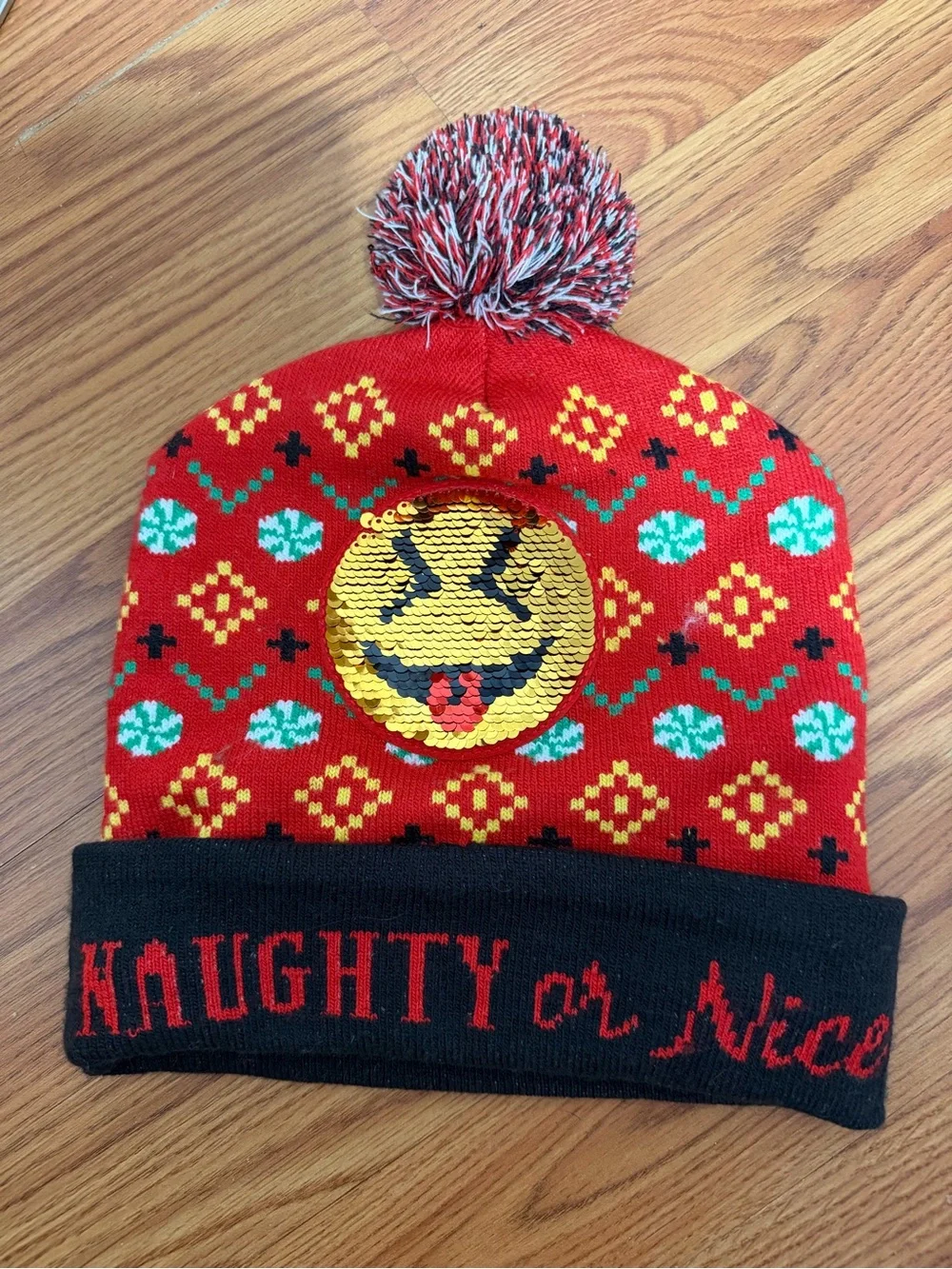 Red Christmas Unisex Pom Pom Hat with Sequin Emoji Patch - Naughty or Nice -- OS